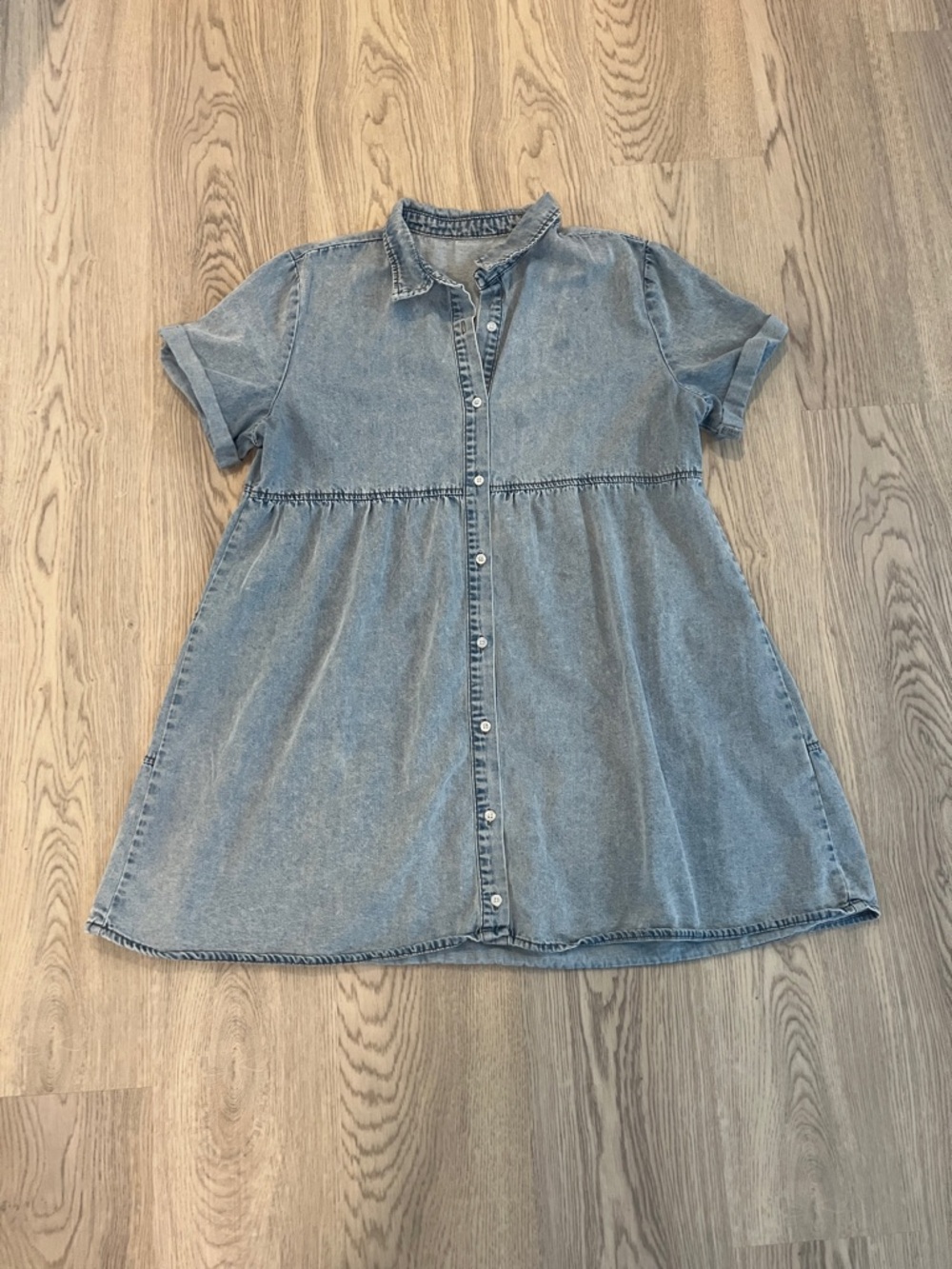Button-Front Chambray Tunic Dress - Light Blue